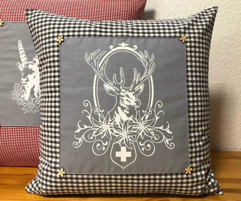 Landhausstil Kissenhülle, Kissenbezug, grau/weiß kariertes Dekokissen * Hubertus Hirsch *