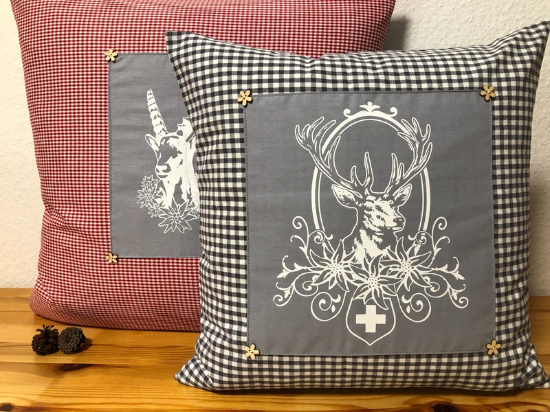 Landhausstil Kissenhülle, Kissenbezug, grau/weiß kariertes Dekokissen * Hubertus Hirsch *