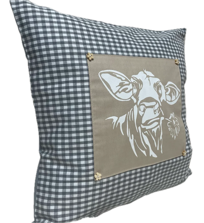 Landhausstil Kissenhülle * Kissenbezug * grau/beige kariertes Dekokissen * Kuh*