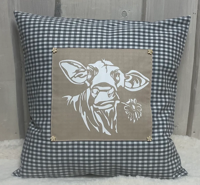 Landhausstil Kissenhülle * Kissenbezug * grau/beige kariertes Dekokissen * Kuh*