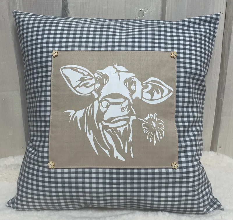 Landhausstil Kissenhülle * Kissenbezug * grau/beige kariertes Dekokissen * Kuh*