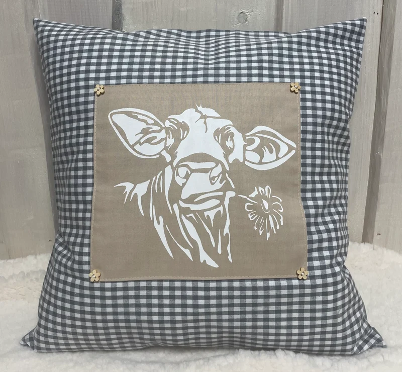 Landhausstil Kissenhülle * Kissenbezug * grau/beige kariertes Dekokissen * Kuh*