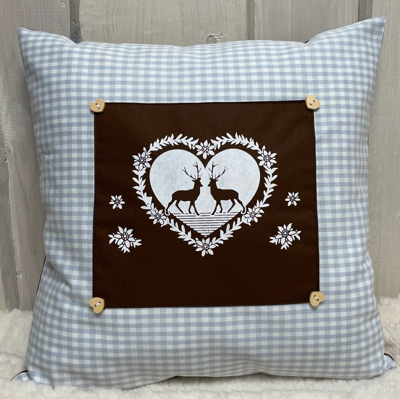 Landhausstil Kissenhülle * Kissenbezug * hellblau/weiß kariertes Dekokissen * Hirsche*