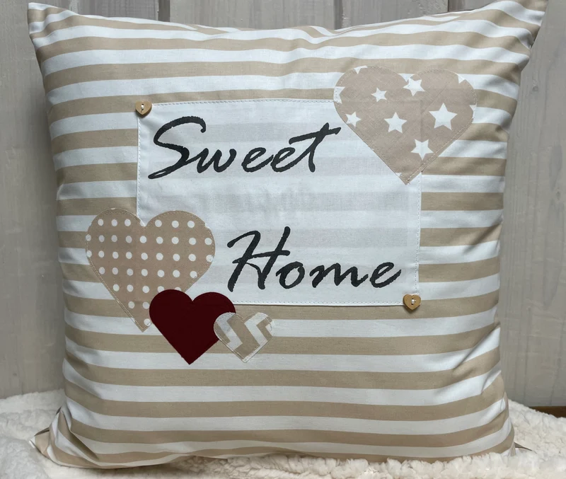 Landhausstil Kissenhülle * Kissenbezug * Dekokissen * Sweet Home * beige/weiß gestreift