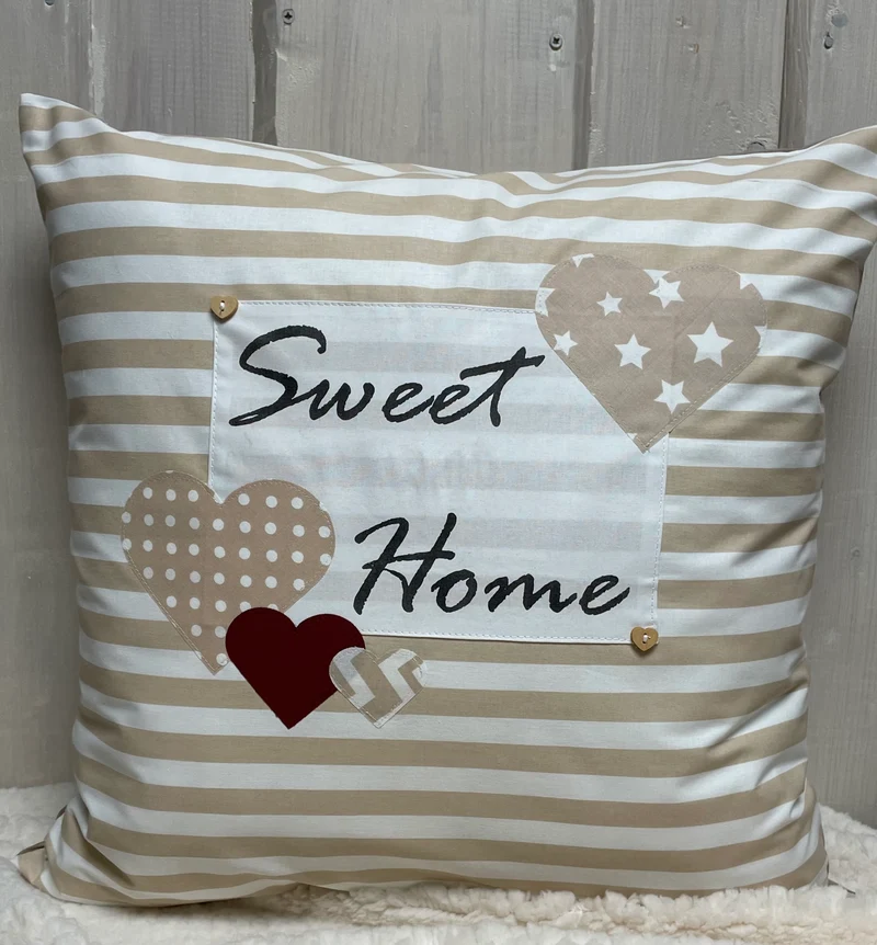 Landhausstil Kissenhülle * Kissenbezug * Dekokissen * Sweet Home * beige/weiß gestreift