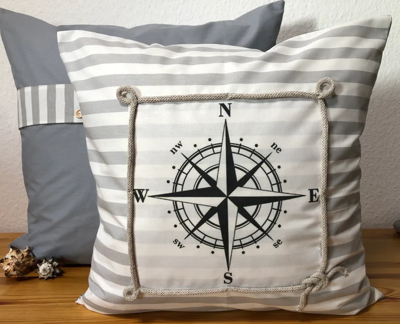 Maritime Kissenhülle, Kissenbezug, Landhausstil Kissen * Kompass * grau/weiß