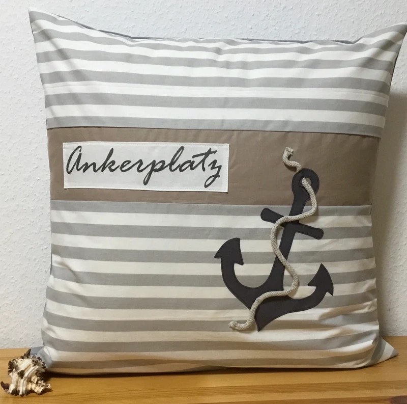 Maritime Kissenhülle, Kissenbezug, Landhausstil Kissen * Ankerplatz * grau/weiß