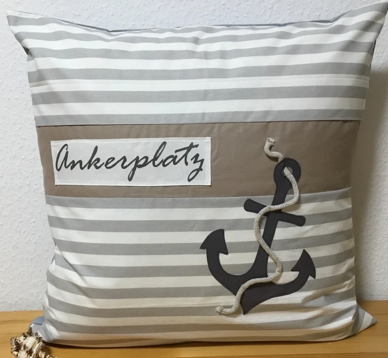 Maritime Kissenhülle, Kissenbezug, Landhausstil Kissen * Ankerplatz * grau/weiß
