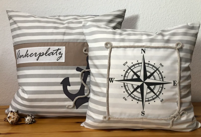Maritime Kissenhülle, Kissenbezug, Landhausstil Kissen * Ankerplatz * grau/weiß
