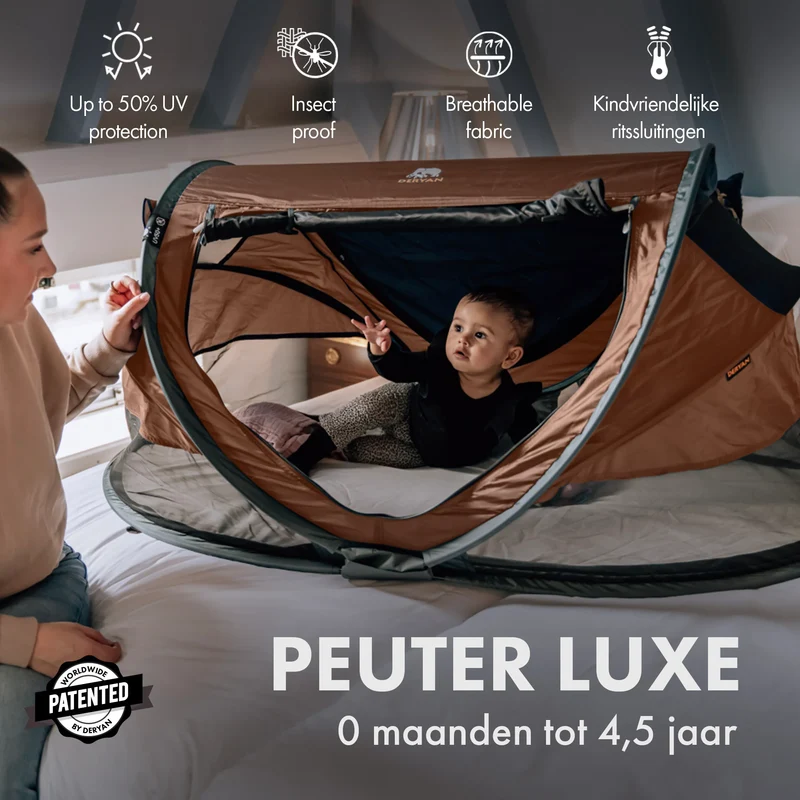 Deryan Luxus-Campingbett für Kleinkinder - Inklusive selbstaufblasender Matratze - Karamell