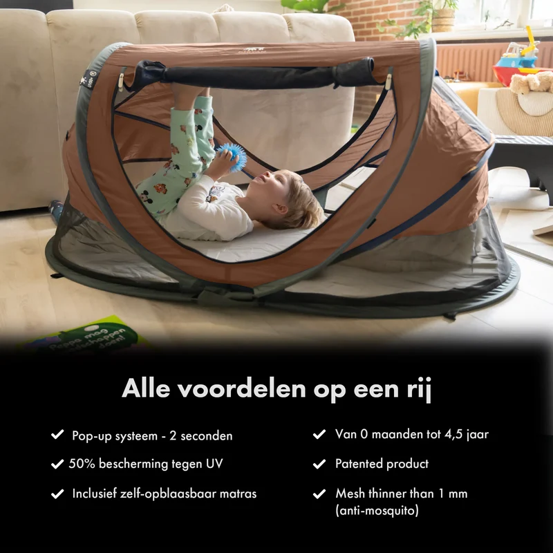 Deryan Luxus-Campingbett für Kleinkinder - Inklusive selbstaufblasender Matratze - Karamell