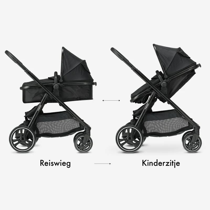 Mooiys Riley Kinderwagen 2in1 - Duo Kinderwagen - erweiterbar mit Tragewanne und Sitz - Schwarz