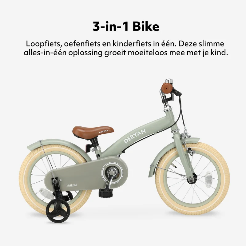 Deryan Kinderfahrrad 14 Zoll – 3-in-1 – Laufrad Grün