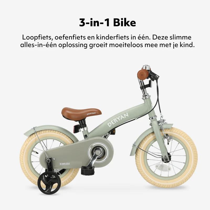 Deryan Kinderfahrrad 12 Zoll – 3-in-1 – Laufrad Grün