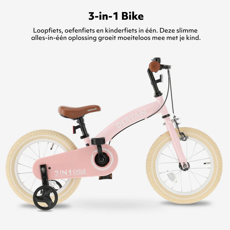 Luxus Kinderfahrrad 14 Zoll - 3 in 1 - Balance Fahrrad - Pink