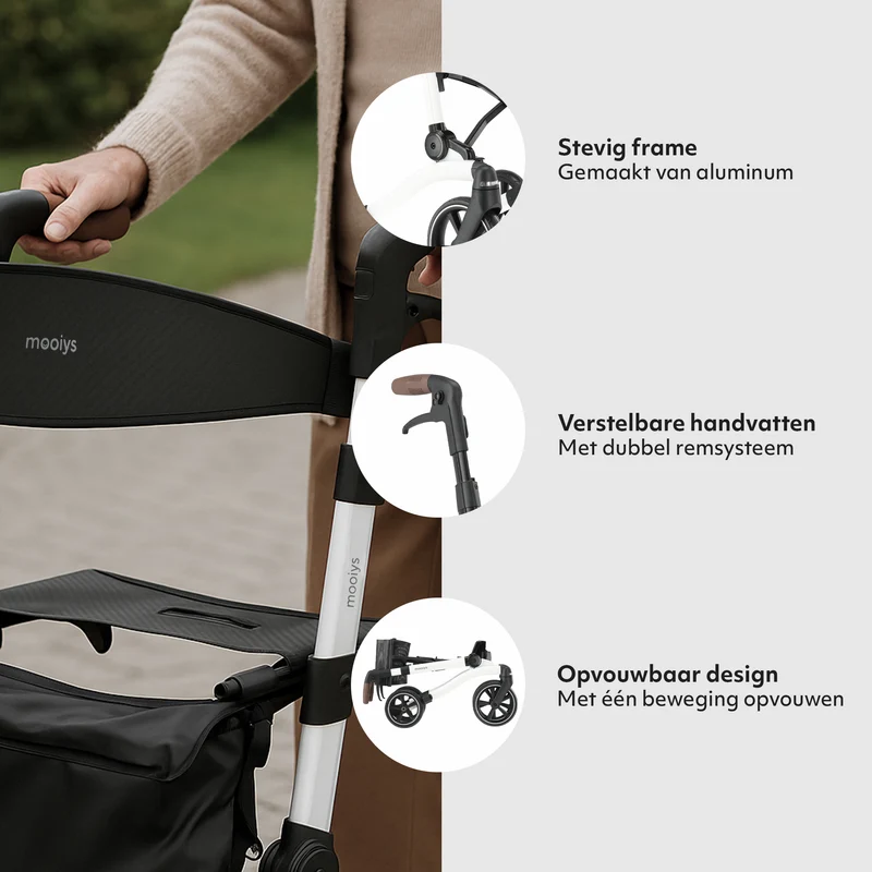 Mooiys Luxus-Rollator – zusammenklappbar – mit Sitzfunktion – für drinnen und draußen – Rückenlehne inklusive Gehstock und Halterung – Weiß