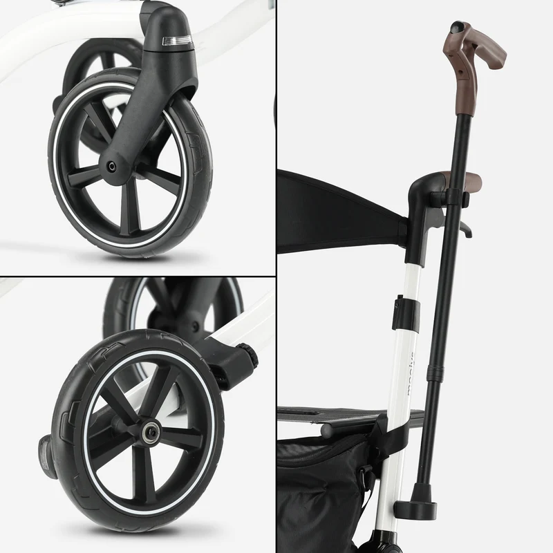 Mooiys Luxus-Rollator – zusammenklappbar – mit Sitzfunktion – für drinnen und draußen – Rückenlehne inklusive Gehstock und Halterung – Weiß