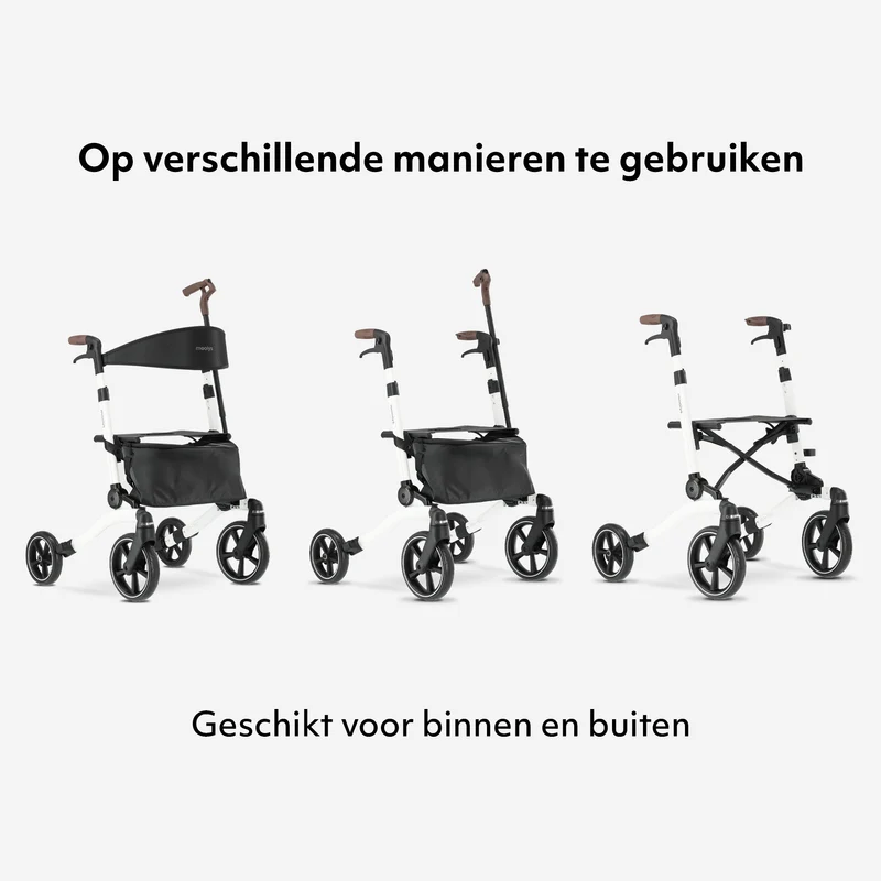 Mooiys Luxus-Rollator – zusammenklappbar – mit Sitzfunktion – für drinnen und draußen – Rückenlehne inklusive Gehstock und Halterung – Weiß