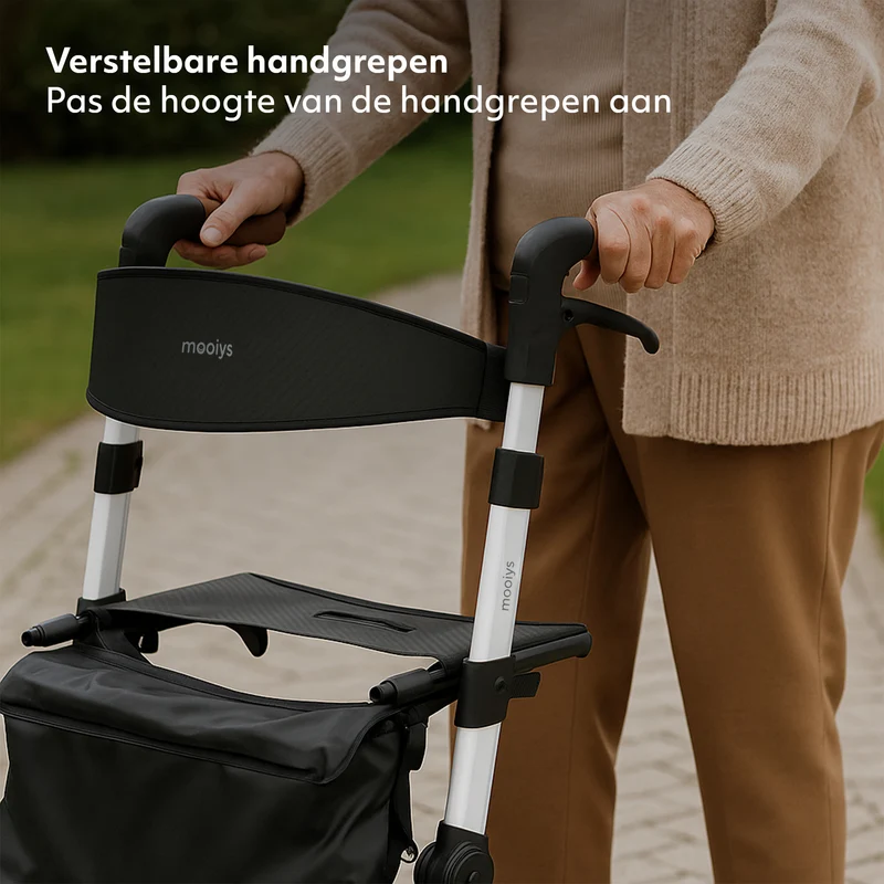 Mooiys Luxus-Rollator – zusammenklappbar – mit Sitzfunktion – für drinnen und draußen – Rückenlehne inklusive Gehstock und Halterung – Weiß