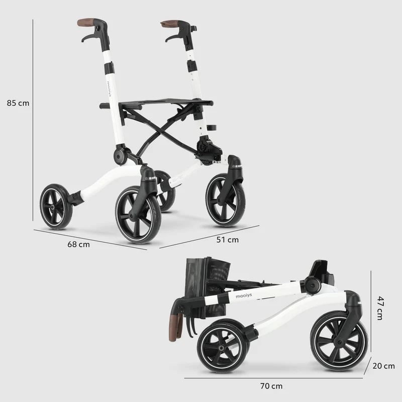 Mooiys Luxus-Rollator – zusammenklappbar – mit Sitzfunktion – für drinnen und draußen – Rückenlehne inklusive Gehstock und Halterung – Weiß