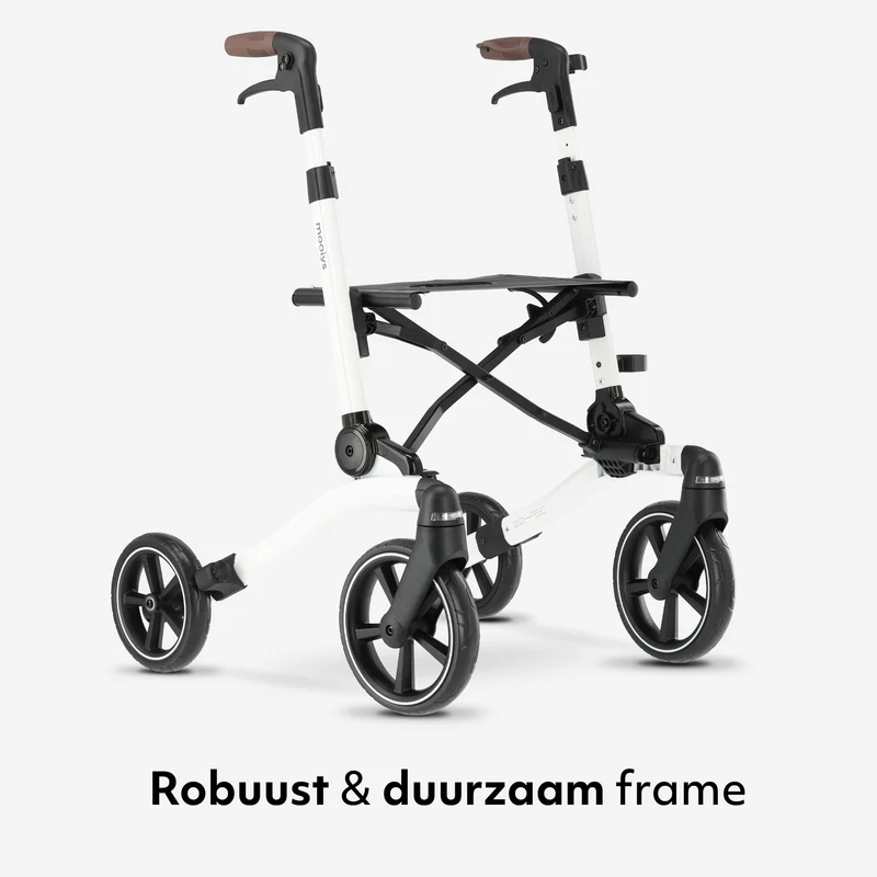 Mooiys Luxus-Rollator – zusammenklappbar – mit Sitzfunktion – für drinnen und draußen – Rückenlehne inklusive Gehstock und Halterung – Weiß