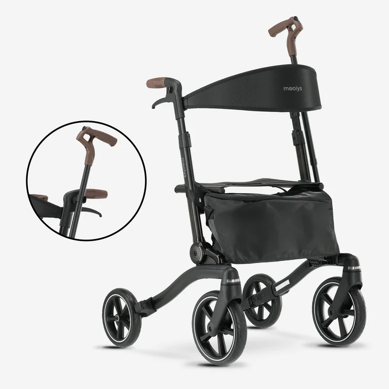 Mooiys Luxus-Rollator – zusammenklappbar – mit Sitzfunktion – Rückenlehne inklusive Gehstock und Halterung – Schwarz