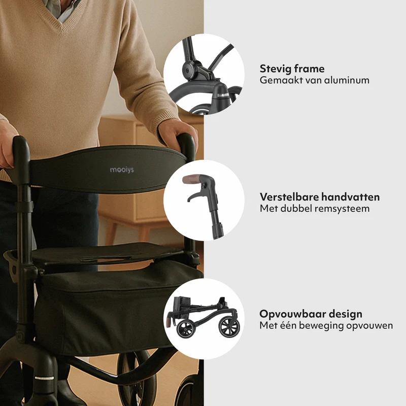 Mooiys Luxus-Rollator – zusammenklappbar – mit Sitzfunktion – Rückenlehne inklusive Gehstock und Halterung – Schwarz