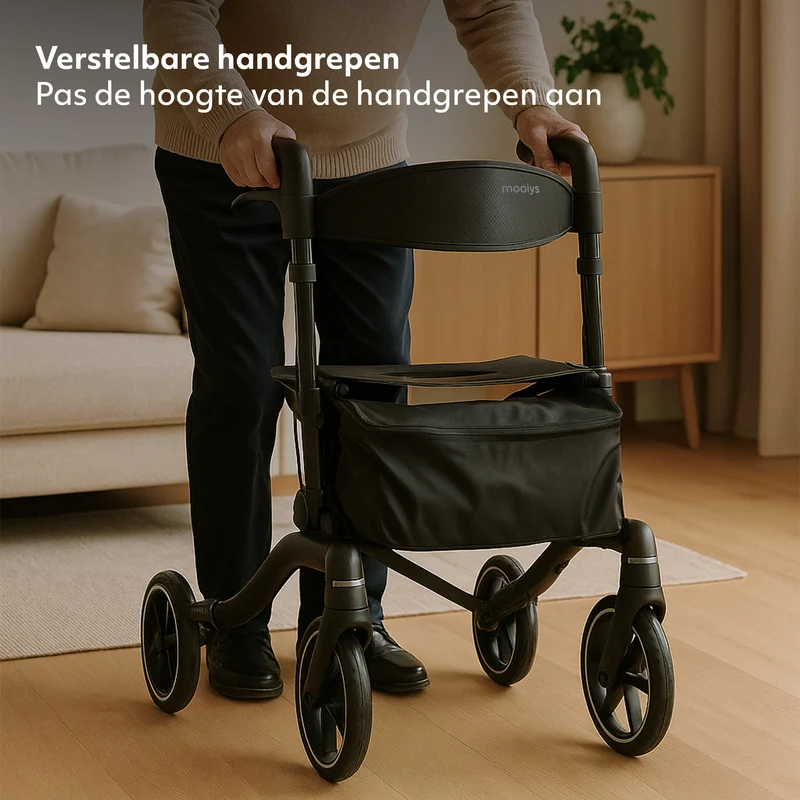 Mooiys Luxus-Rollator – zusammenklappbar – mit Sitzfunktion – Rückenlehne inklusive Gehstock und Halterung – Schwarz