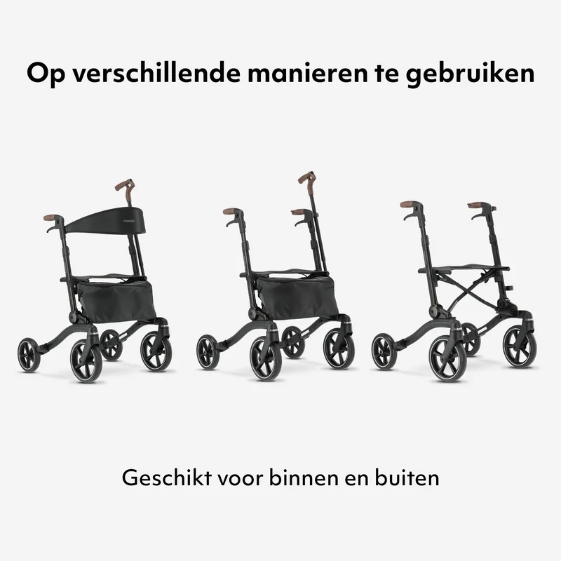 Mooiys Luxus-Rollator – zusammenklappbar – mit Sitzfunktion – Rückenlehne inklusive Gehstock und Halterung – Schwarz