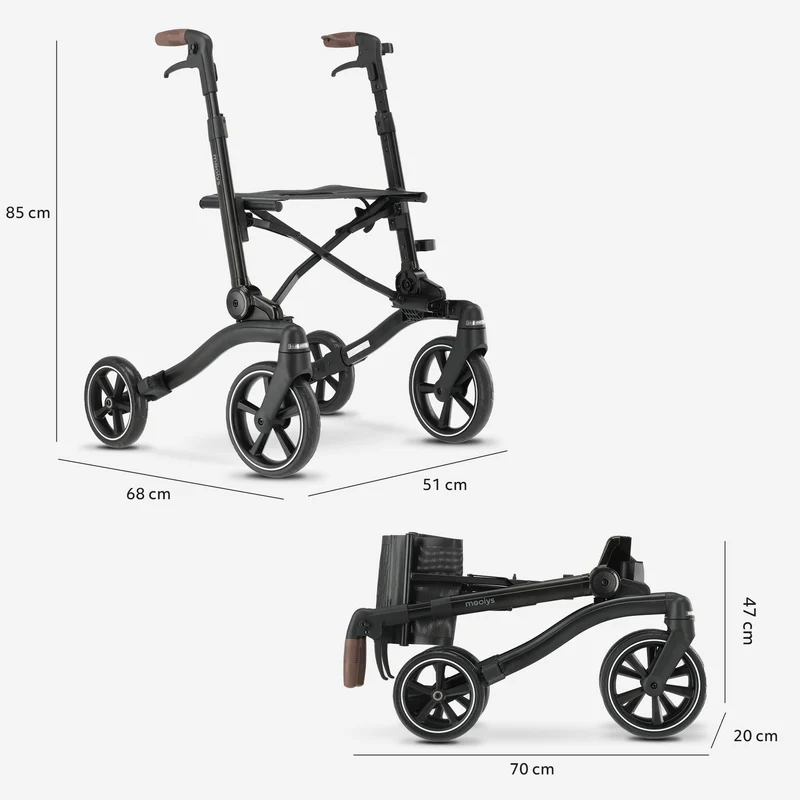 Mooiys Luxus-Rollator – zusammenklappbar – mit Sitzfunktion – Rückenlehne inklusive Gehstock und Halterung – Schwarz