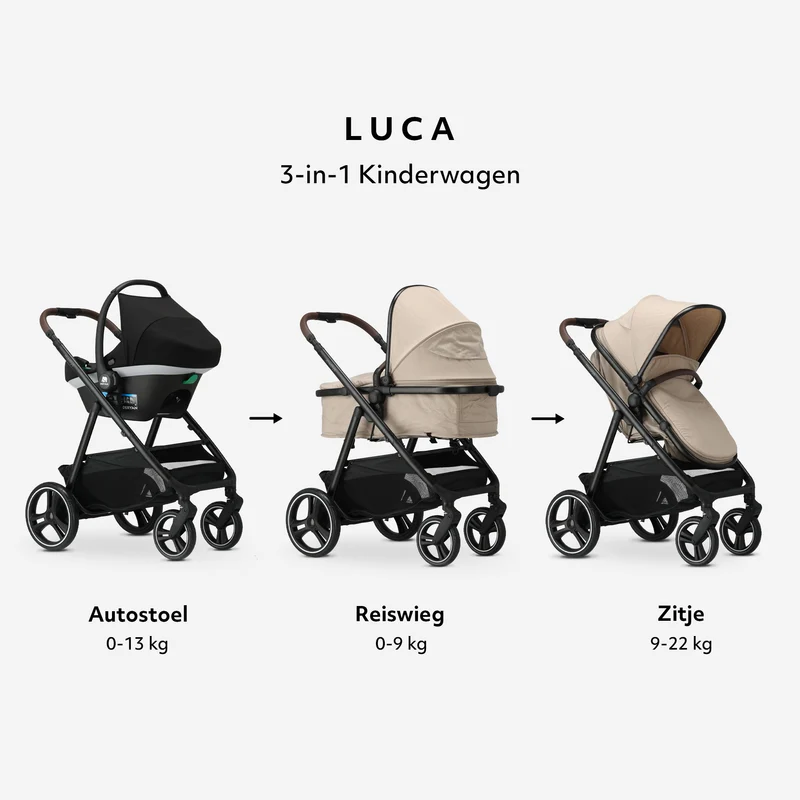 Mooiys Luca 3-in-1-Kinderwagen – Multifunktionaler Kinderwagen – inklusive Autositz – Nougat
