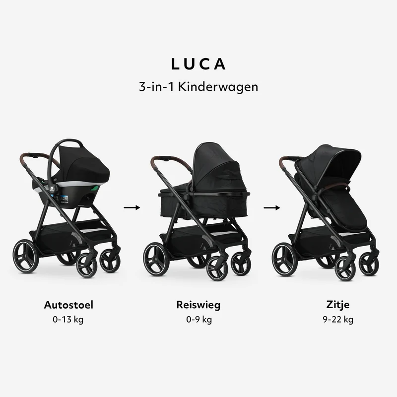 Mooiys Luca 3-in-1-Kinderwagen – Multifunktionaler Kinderwagen – inklusive Autositz – Schwarz