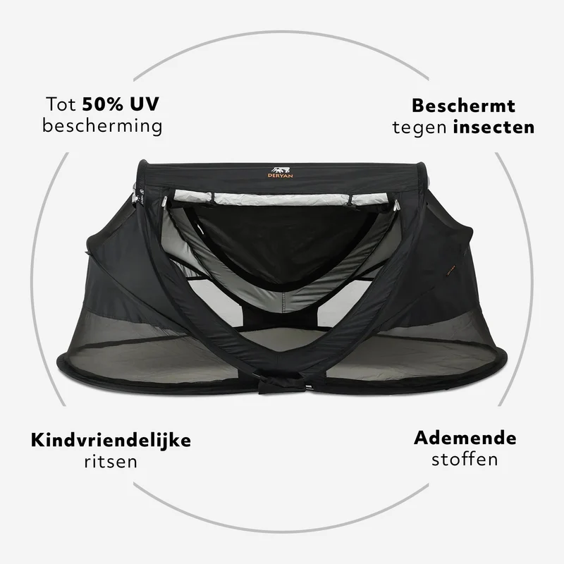 Deryan Luxus-Campingbett für Kleinkinder - Inklusive selbstaufblasender Matratze - Schwarz