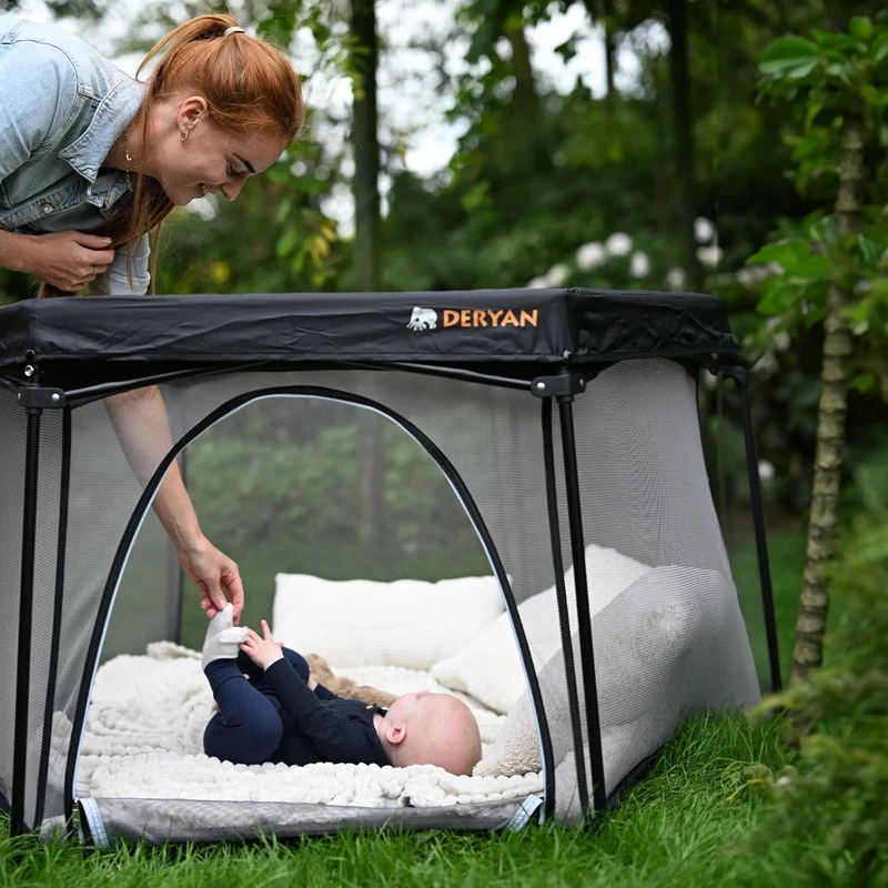 Deryan Tragbares Laufgitter - Schwarz - Feste Matratzenbasis - Reisebox - Campingbett