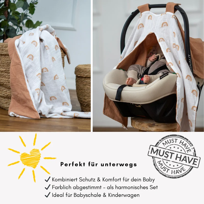 Musselin-Set für sonnige Abenteuer – Decke & Sonnenschutz im passenden Design
