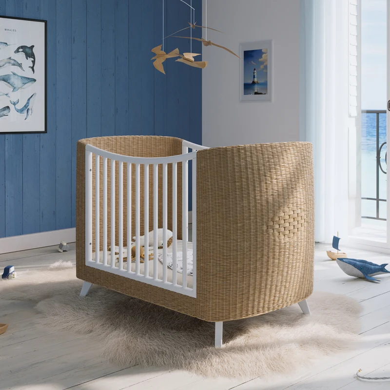 Mitwachsendes Babybett Coquillage aus Rattangeflecht & Holz