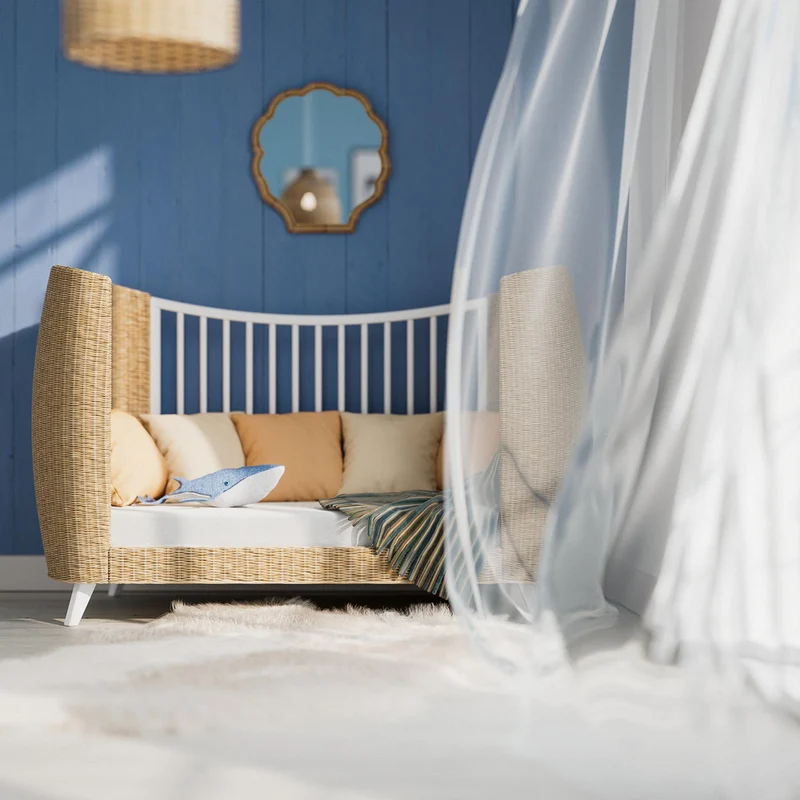 Mitwachsendes Babybett Coquillage aus Rattangeflecht & Holz