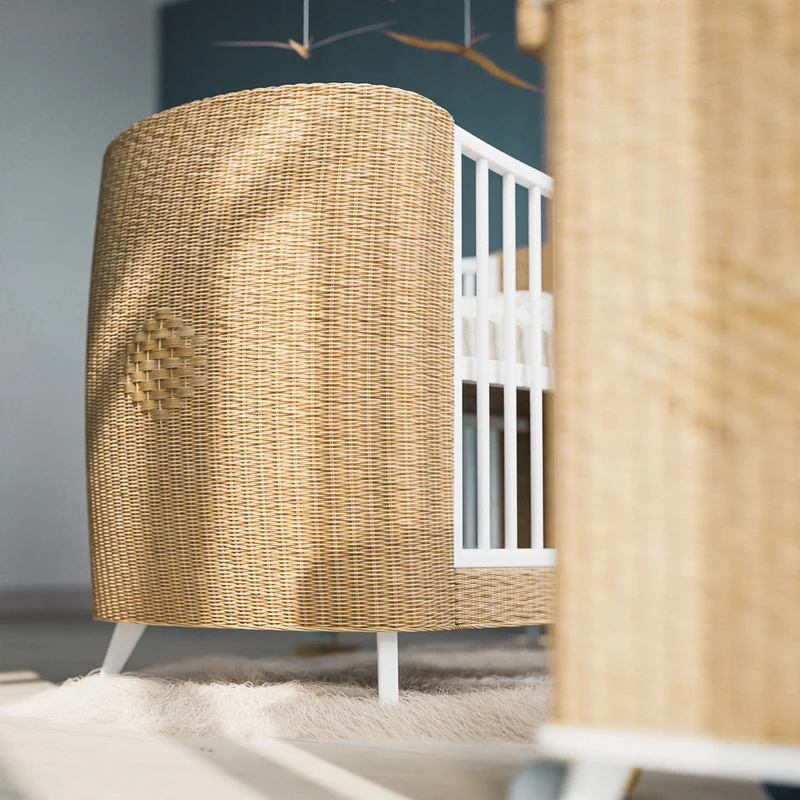 Mitwachsendes Babybett Coquillage aus Rattangeflecht & Holz