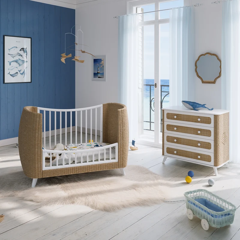 Mitwachsendes Babybett Coquillage aus Rattangeflecht & Holz