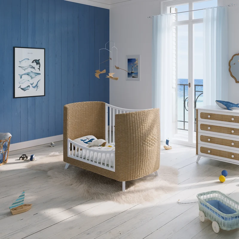 Mitwachsendes Babybett Coquillage aus Rattangeflecht & Holz