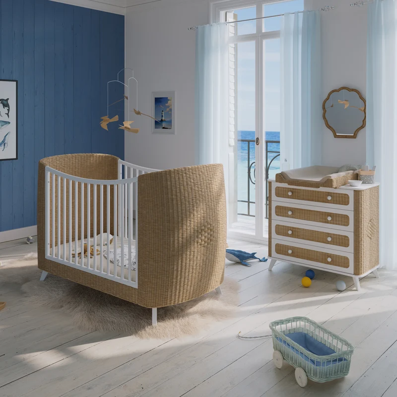 Mitwachsendes Babybett Coquillage aus Rattangeflecht & Holz