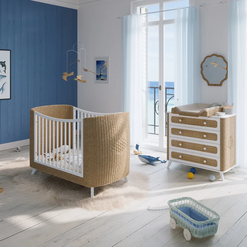 Mitwachsendes Babybett Coquillage aus Rattangeflecht & Holz