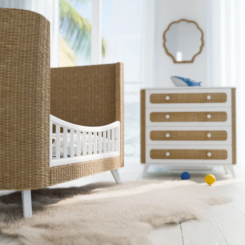 Mitwachsendes Babybett Coquillage aus Rattangeflecht & Holz