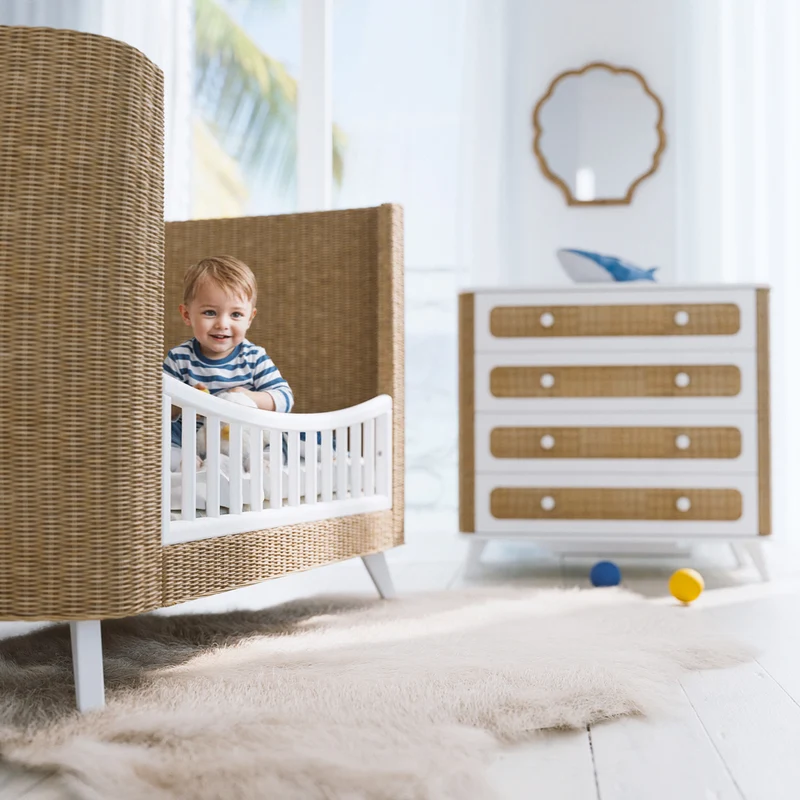 Mitwachsendes Babybett Coquillage aus Rattangeflecht & Holz