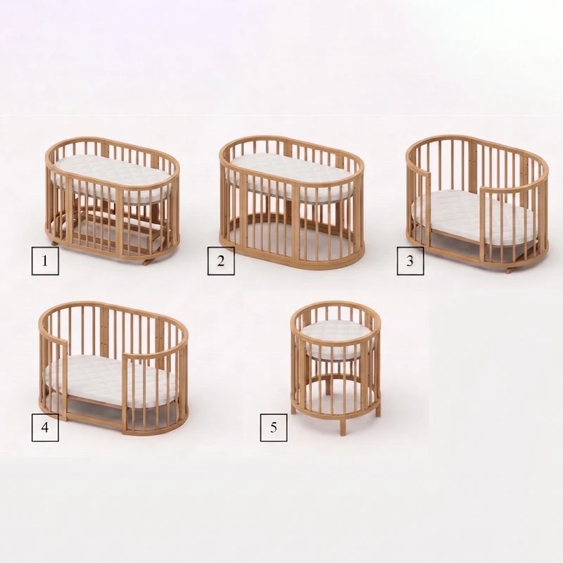 5in1 Babybett Beistellbett Olly aus Buchenholz mit Matratze, Weiß