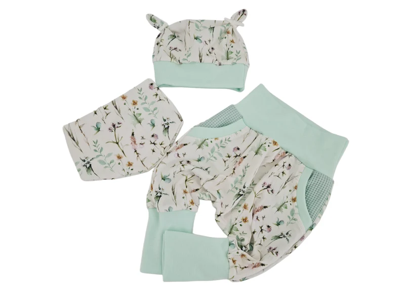 Coole Pumphose | Babyset Blumen Mint – Kurz & Lang bis Gr. 140 | Handmade