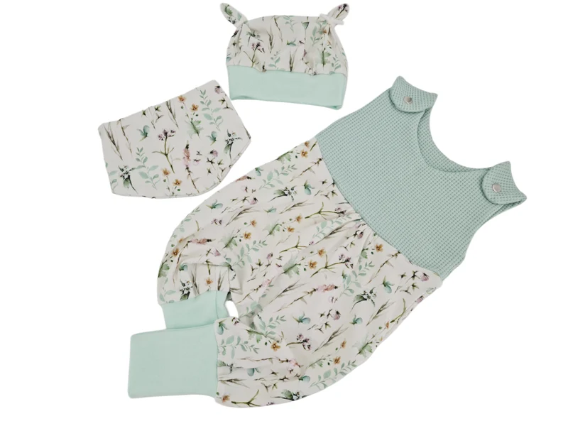 Mitwachs-Strampler | Babyset Mint Blumen – kurz & lang – bis Gr. 98 | Handmade