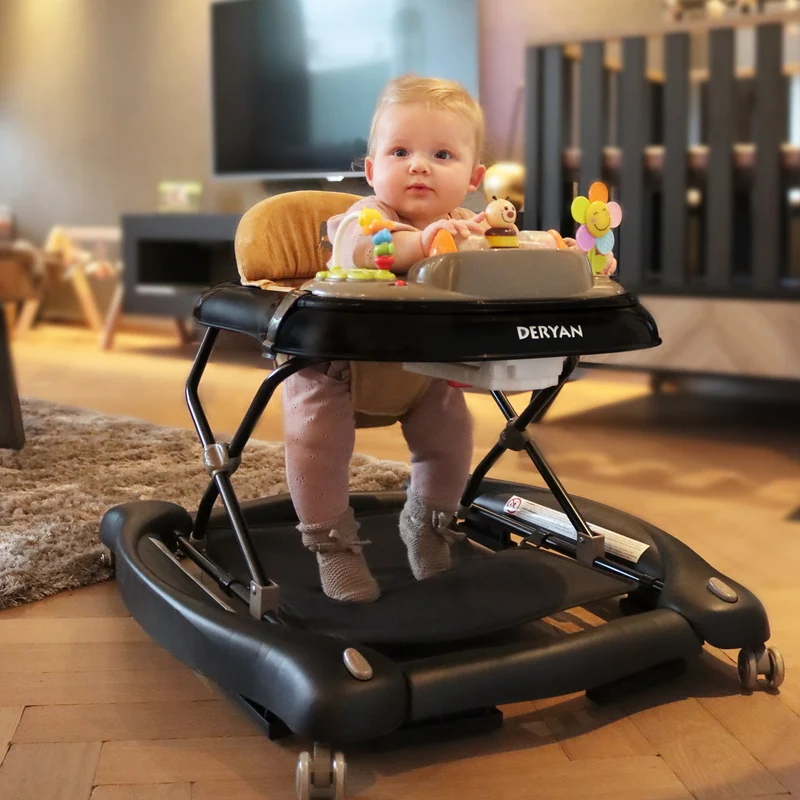 Deryan Luxuriöser 4-in-1-Kinderwagen - Schaukelfunktion - Inklusive Spielset und Tablett - faltbar - Schwarz & Nougat