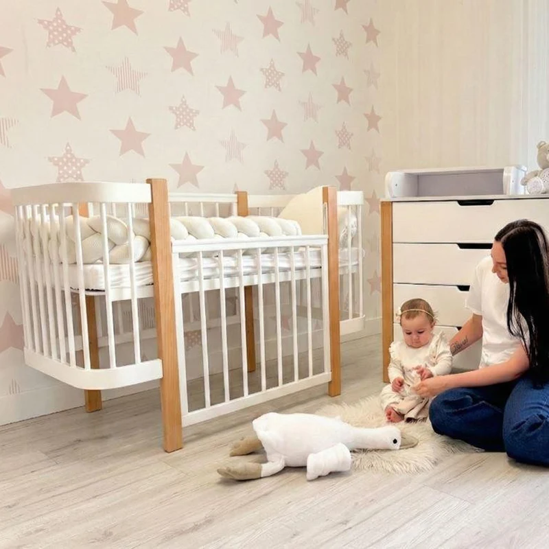 Babybett Beistellbett Elly aus Buchenholz mit Matratze, Natur/Weiß