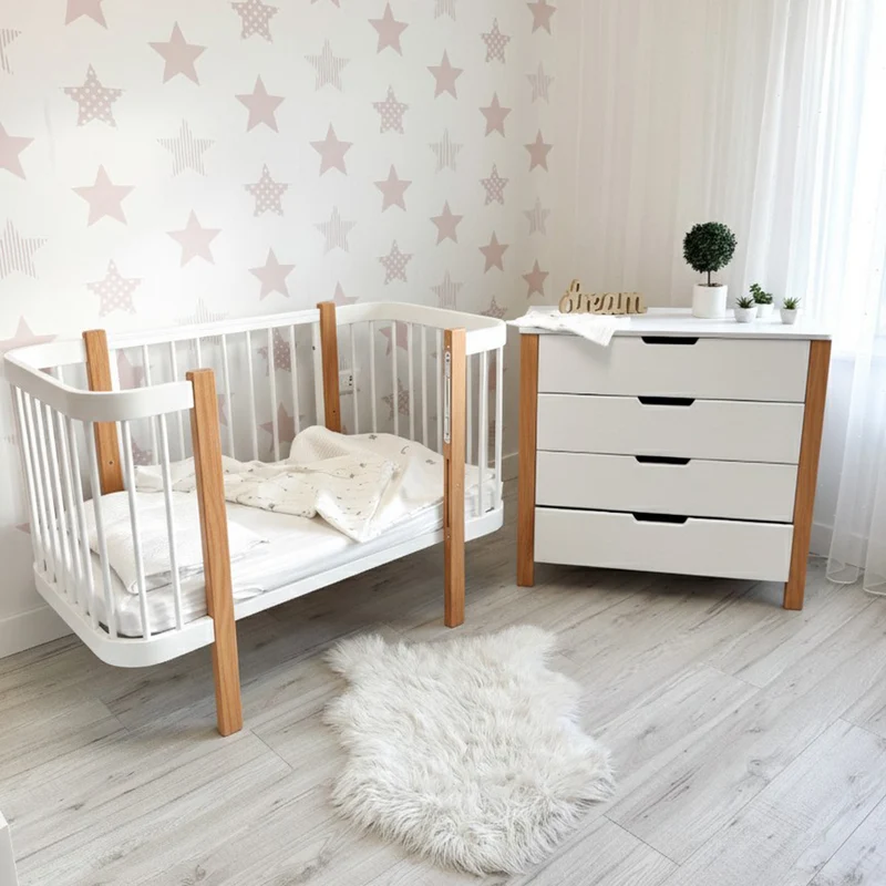 Babybett Beistellbett Elly aus Buchenholz mit Matratze, Natur/Weiß